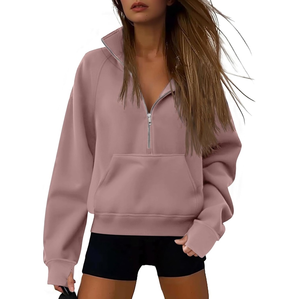 image:imageATHMILE Womens Sweatshirts Half Zip Cropped Pullover Fleece Quarter Zipper Hoodies 2026 Fall Fashion Outfits ClothesDarkpink