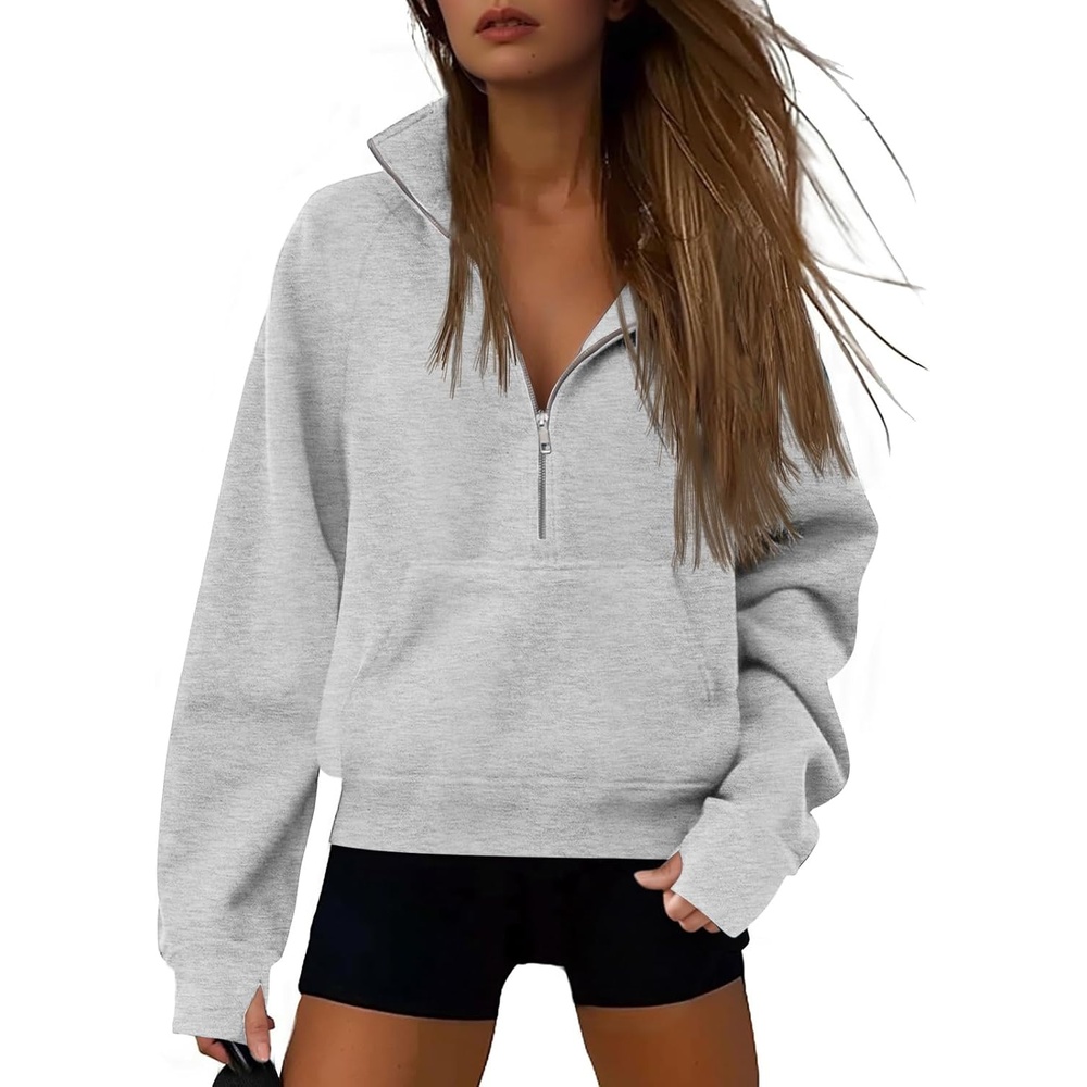 image:imageATHMILE Womens Sweatshirts Half Zip Cropped Pullover Fleece Quarter Zipper Hoodies 2026 Fall Fashion Outfits ClothesGrey