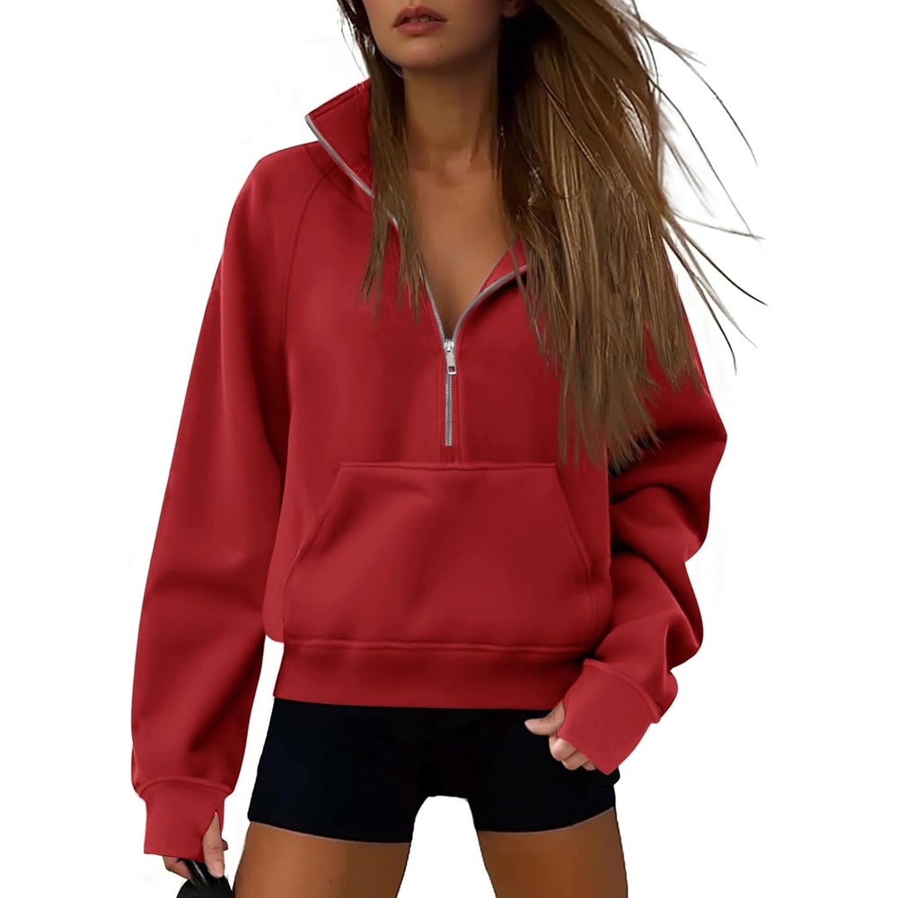image:imageATHMILE Womens Sweatshirts Half Zip Cropped Pullover Fleece Quarter Zipper Hoodies 2026 Fall Fashion Outfits ClothesRed
