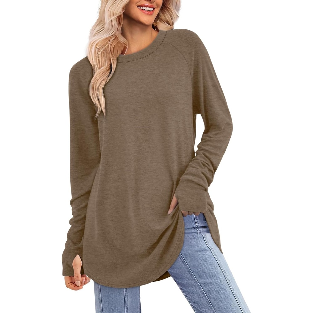 image:imageATHMILE Womens Tunic Tops Long Sleeve Thumb Hole Shirts Fall Sweater Crew Neck Winter Fashion Clothes 2025Coffee