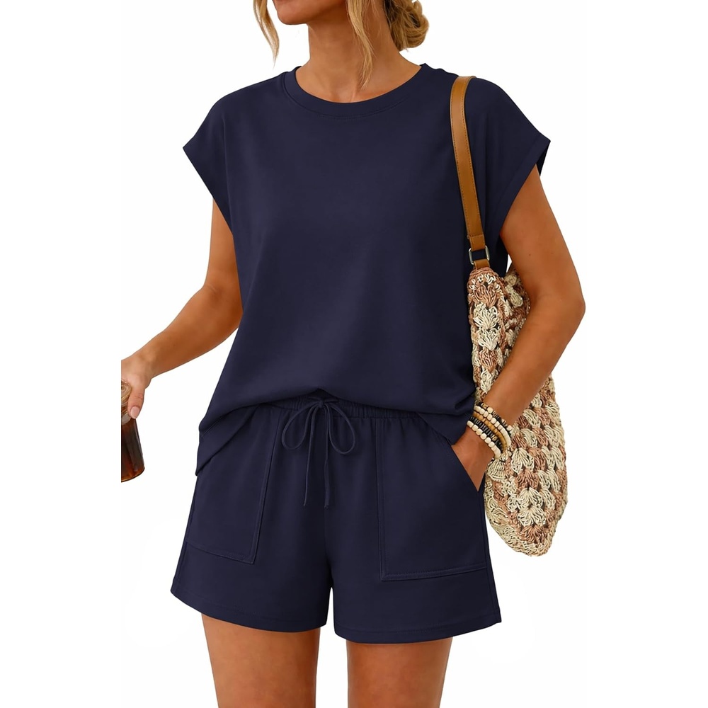 image:imageATHMILE Womens Two Piece Crew Neck Short Sets Cap Sleeve Drawstring Spring Summer Sweatsuit with Pocket Beach VacationNavy Blue