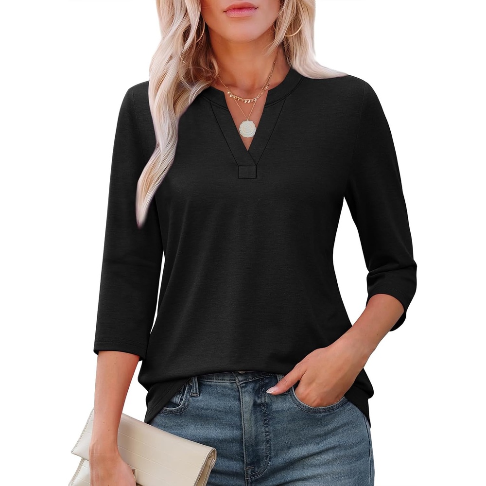 image:imageATHMILE Womens V Neck 34 Sleeve T Shirts Spring Summer Tops Tunic Casual Tees Henley Beach Vacation Basic Fashion ClothesHalfblack