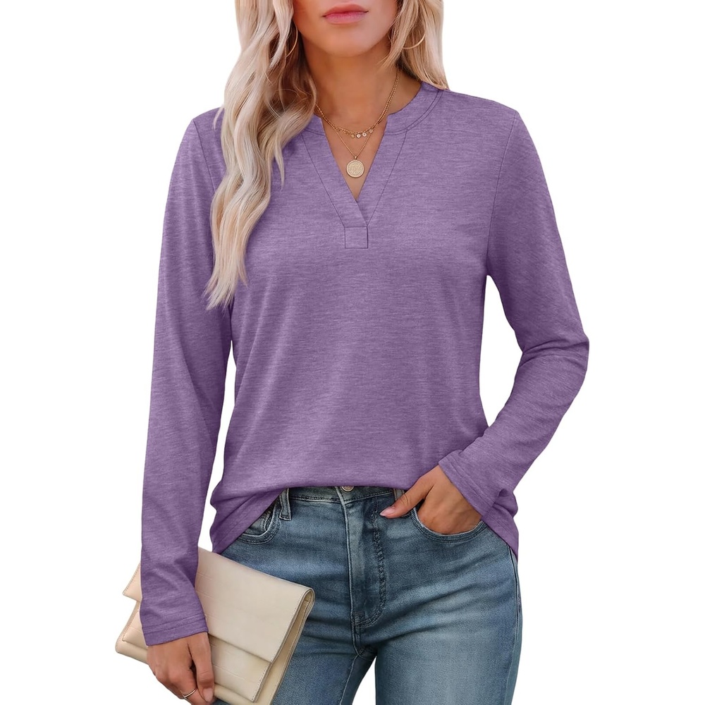 image:imageATHMILE Womens V Neck 34 Sleeve T Shirts Spring Summer Tops Tunic Casual Tees Henley Beach Vacation Basic Fashion ClothesLonglavender