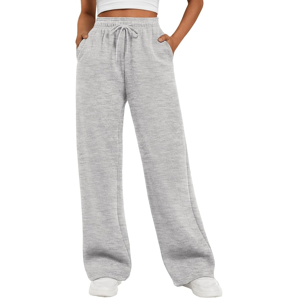 image:imageATHMILE Womens Wide Leg Fleece Lined Sweatpants High Waisted Baggy Drawstring Joggers Straight Leg Sweat PantsGrey
