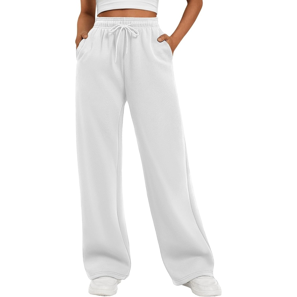 image:imageATHMILE Womens Wide Leg Fleece Lined Sweatpants High Waisted Baggy Drawstring Joggers Straight Leg Sweat PantsWhite