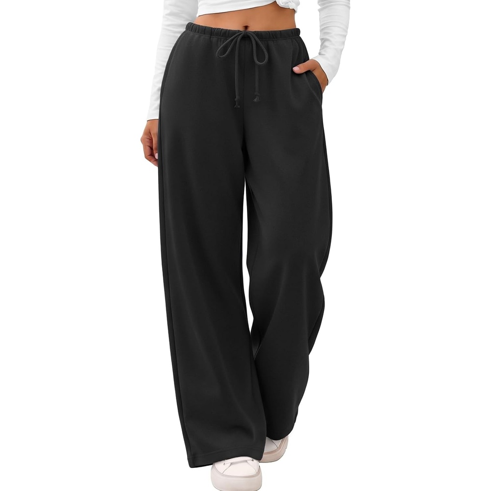 image:imageATHMILE Womens Wide Leg Sweatpants Fleece Lined Pants Long Straight Streetwear Drawstring Low Waist Loose Baggy JoggerBlack