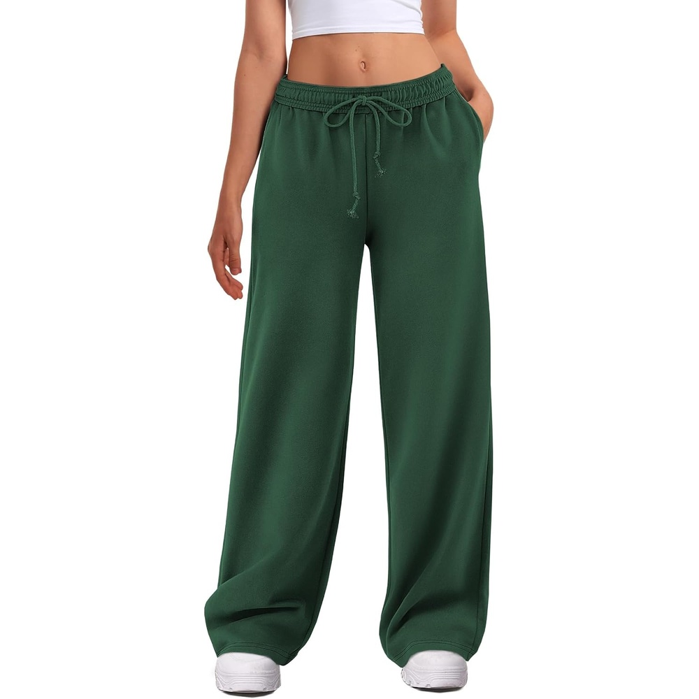 image:imageATHMILE Womens Wide Leg Sweatpants High Waisted Baggy Interior Drawstring Joggers Straight Leg Sweat Pants with PocketsDark Green
