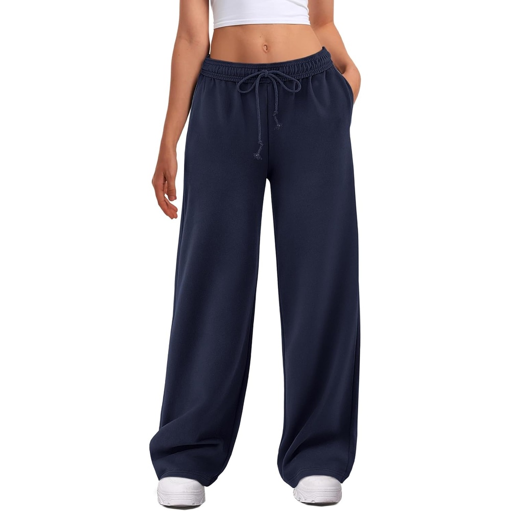 image:imageATHMILE Womens Wide Leg Sweatpants High Waisted Baggy Interior Drawstring Joggers Straight Leg Sweat Pants with PocketsNavy Blue