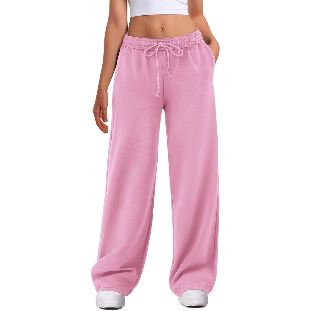 image:imageATHMILE Womens Wide Leg Sweatpants High Waisted Baggy Interior Drawstring Joggers Straight Leg Sweat Pants with PocketsPink