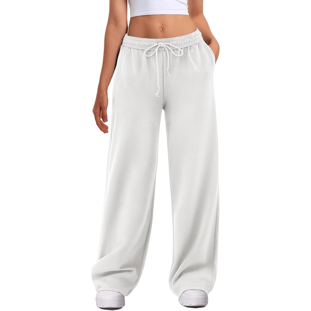 image:imageATHMILE Womens Wide Leg Sweatpants High Waisted Baggy Interior Drawstring Joggers Straight Leg Sweat Pants with PocketsWhite