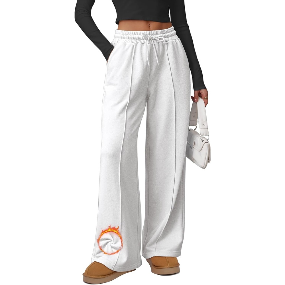 image:imageATHMILE Womens Wide Leg Sweatpants High Waisted Baggy Pants Fashion Teen Girl Drawstring Athletic JoggersFleecewhite