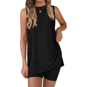 ATHMILE 2 Piece Sets for Women 2026 Summer Matching Lounge Shorts Set Airport Travel Loungewear Outfits Beach Vacation(Black)
