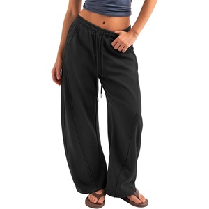 ATHMILE Barrel Sweatpants Women Y2K Wide Leg Baggy Lounge Sweat Pants with Pockets Plus Size Drawstring Joggers(Black)