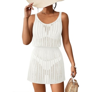 ATHMILE Beach Vacation Clothes for Women Bathing Suit Crochet Cover Up V Neck Swimsuit Spring Summer Knit Dress 2026(White)