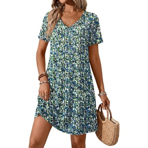 ATHMILE Dresses for Women 2026 V Neck Short Sleeve Casual T Shirt Dress Sundresses Swimsuit Coverup with Pockets(Blue Flowers)
