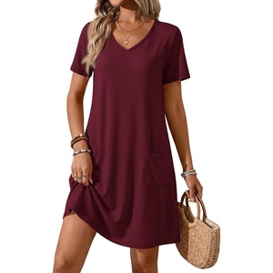 ATHMILE Dresses for Women 2026 V Neck Short Sleeve Casual T Shirt Dress Sundresses Swimsuit Coverup with Pockets(Burgundy)