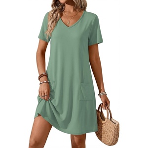ATHMILE Dresses for Women 2026 V Neck Short Sleeve Casual T Shirt Dress Sundresses Swimsuit Coverup with Pockets(Green)