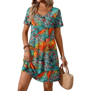 ATHMILE Dresses for Women 2026 V Neck Short Sleeve Casual T Shirt Dress Sundresses Swimsuit Coverup with Pockets(Maple Leaves)
