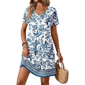 ATHMILE Dresses for Women 2026 V Neck Short Sleeve Casual T Shirt Dress Sundresses Swimsuit Coverup with Pockets(Print-blue)
