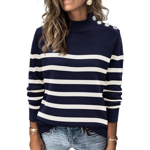 ATHMILE Fall Mock Neck Striped Sweaters for Women 2026 Winter Turtleneck Long Sleeve Knit Sweater Fashion Pullover Tops(Navy)