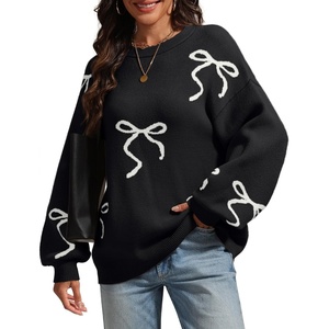ATHMILE Fall Sweaters for Women 2026 Fashion Cute Bow Knit Pullover Trendy Long Sleeve Oversized Sweater Winter Clothing(Black)