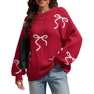 ATHMILE Fall Sweaters for Women 2026 Fashion Cute Bow Knit Pullover Trendy Long Sleeve Oversized Sweater Winter Clothing(Red)