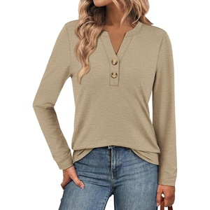 ATHMILE Long Sleeve Shirts for Women 2026 Fall Outfits Henley Dressy Casual Tops Trendy Blouses Cute T-Shirts Fashion Clothes(Khaki)