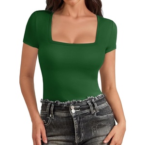 ATHMILE Modal Short Sleeve Shirts for Women 2025 Fashion Square Neck Basics Slim Fitted Tops(Darkgreen)