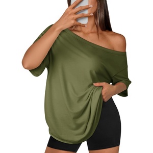 ATHMILE Off The Shoulder Tops for Women 2026 Y2K Loose Fit Tops Oversized Tshirts Fashion Going Out Outfits Casual Basic Tees(0-armygreen)
