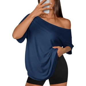 ATHMILE Off The Shoulder Tops for Women 2026 Y2K Loose Fit Tops Oversized Tshirts Fashion Going Out Outfits Casual Basic Tees(0-blue)