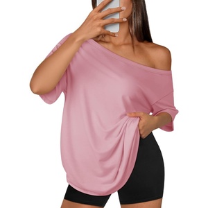 ATHMILE Off The Shoulder Tops for Women 2026 Y2K Loose Fit Tops Oversized Tshirts Fashion Going Out Outfits Casual Basic Tees(0-pink)