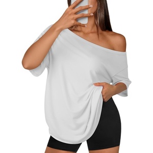 ATHMILE Off The Shoulder Tops for Women 2026 Y2K Loose Fit Tops Oversized Tshirts Fashion Going Out Outfits Casual Basic Tees(0-white)