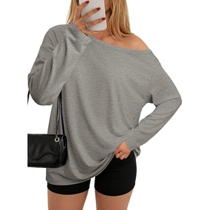 ATHMILE Off The Shoulder Tops for Women 2026 Y2K Loose Fit Tops Oversized Tshirts Fashion Going Out Outfits Casual Basic Tees(Grey)