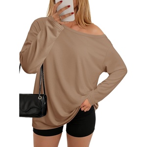ATHMILE Off The Shoulder Tops for Women 2026 Y2K Loose Fit Tops Oversized Tshirts Fashion Going Out Outfits Casual Basic Tees(Khaki)