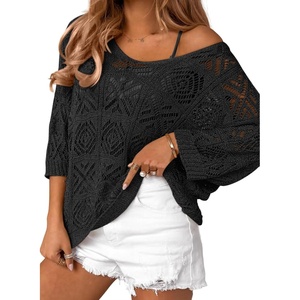 ATHMILE Off The Shoulder Tops for Women Summer Crochet Hollow Out 3/4 Sleeve Pullover Sweater Beach Cover up Vacation Clothes(Black)