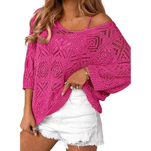 ATHMILE Off The Shoulder Tops for Women Summer Crochet Hollow Out 3/4 Sleeve Pullover Sweater Beach Cover up Vacation Clothes(Rose Red)