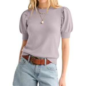 ATHMILE Short Sleeve Sweater for Women 2026 Spring Summer Blouses Crewneck Knit Puff Sleeve Dressy Casual Trendy Shirts(A-greypurple)