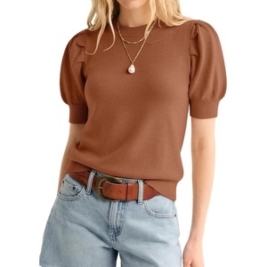 ATHMILE Short Sleeve Sweater for Women 2026 Spring Summer Blouses Crewneck Knit Puff Sleeve Dressy Casual Trendy Shirts(A-light Orange)