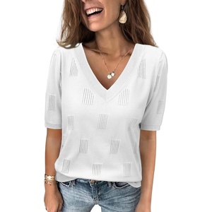 ATHMILE Summer Tops for Women 2025 Short Sleeve V Neck Sweaters Dressy Casual Blouses Lightweight Thin Knit Fashion Shirts(White)