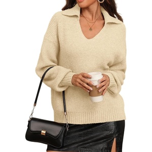 ATHMILE Sweaters for Women Fall Outfits 2025 Fashion Oversized V Neck Lapel Collar Knit Polo Shirts Pullover Sweater Tops(Apricot)