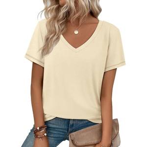 ATHMILE T Shirts Short Sleeve V Neck Tees for Women Fashion Tops Trendy Soft Casual Summer Clothes Outfits 2026(Cream)