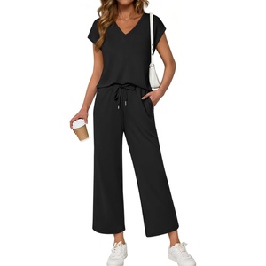 ATHMILE Two Piece Sets for Women Spring Summer Travel Airport Vacation Outfits Lounge V Neck Tops Drawstring Wide Leg Pants(Black)