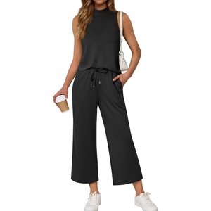 ATHMILE Two Piece Sets for Women Spring Summer Travel Airport Vacation Outfits Lounge V Neck Tops Drawstring Wide Leg Pants(Black-1)