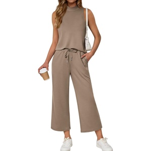 ATHMILE Two Piece Sets for Women Spring Summer Travel Airport Vacation Outfits Lounge V Neck Tops Drawstring Wide Leg Pants(Coffee-1)