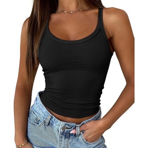 ATHMILE Women Tank Top Sleeveless Scoop Neck Form Fitting Ribbed Knit Basic Cami Shirts(1# Short Length Black)