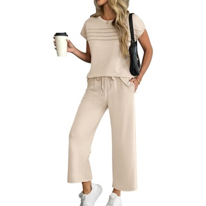 ATHMILE Womens 2 Piece Lounge Set Fashion Travel Outfits Summer Beach Vacation Tracksuit Comfy Wide Leg Airport Loungewear(C-beige)