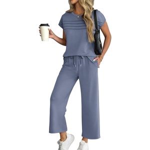 ATHMILE Womens 2 Piece Lounge Set Fashion Travel Outfits Summer Beach Vacation Tracksuit Comfy Wide Leg Airport Loungewear(C-blue)