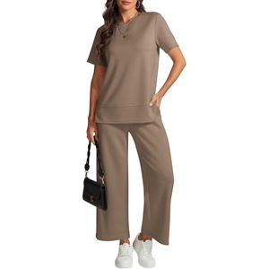 ATHMILE Womens 2 Piece Lounge Set Fashion Travel Outfits Summer Beach Vacation Tracksuit Comfy Wide Leg Airport Loungewear(Khaki)
