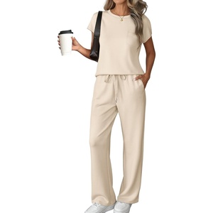 ATHMILE Womens 2 Piece Lounge Set Fashion Travel Outfits Summer Beach Vacation Tracksuit Comfy Wide Leg Airport Loungewear(Z-beige)