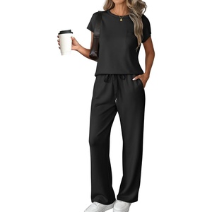 ATHMILE Womens 2 Piece Lounge Set Fashion Travel Outfits Summer Beach Vacation Tracksuit Comfy Wide Leg Airport Loungewear(Z-black)